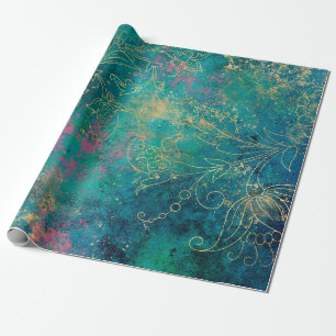 Gold Floral-contouren op roze Blauwgroen Cadeaupapier