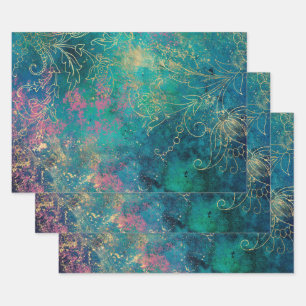 Gold Floral-contouren op roze Blauwgroen Inpakpapier Vel