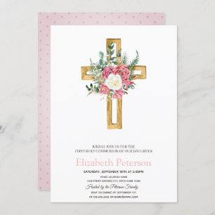 Gold Floral Cross, Dotted First Heilige Communie Kaart