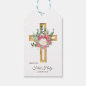 Gold Floral Cross First Heilige Communie Cadeaulabel (Voorkant)
