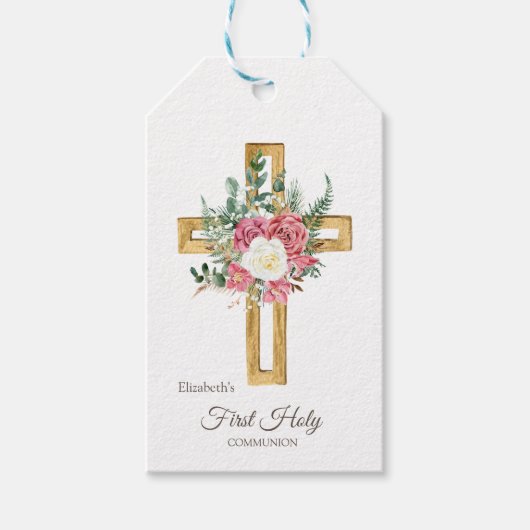 Gold Floral Cross First Heilige Communie Cadeaulabel (Voorkant)