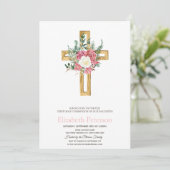 Gold Floral Cross First Heilige Communie Kaart (Staand voorkant)