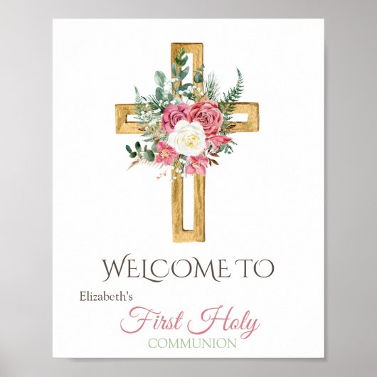Gold Floral Cross First Heilige Communie Poster (Voorkant)