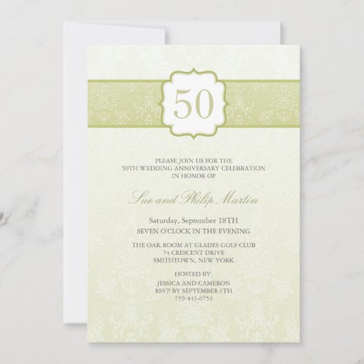 Gold Floral Damask 50th Wedding Jubileum Invite Kaart (Voorkant)