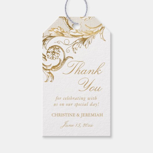  Gold Floral Damask Name Weddenschap Bedankt Cadeaulabel (Voorkant)
