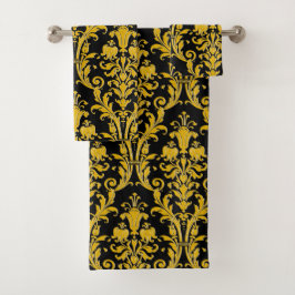 Gold Floral Damask op Black Bad Handdoek
