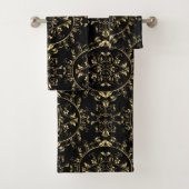 Gold Floral Damask op Black Towel Set Bad Handdoek (Insitu)