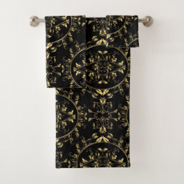 Gold Floral Damask op Black Towel Set Bad Handdoek