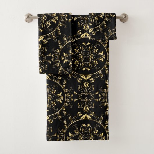 Gold Floral Damask op Black Towel Set Bad Handdoek (Insitu)