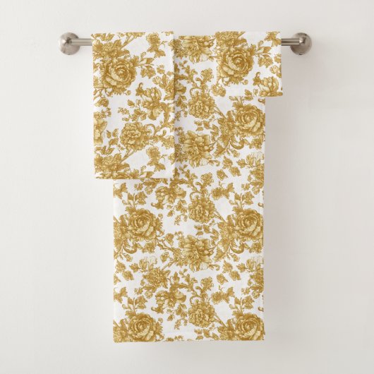 Gold Floral Damask Peony Roos Bad Handdoek (Insitu)