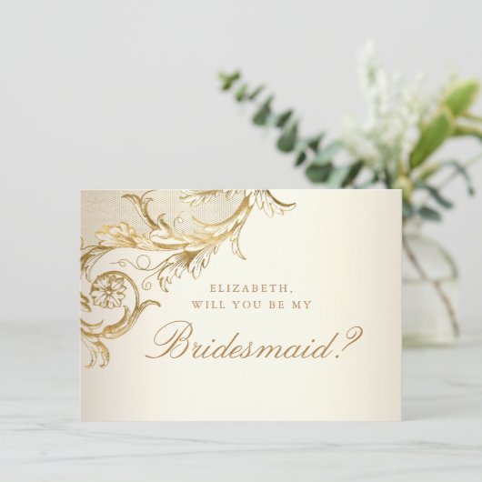  Gold Floral Damask Script Bridesmaid Kaart (Staand voorkant)