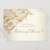  Gold Floral Damask Script Matron of Honor Kaart (Voorkant / Achterkant)