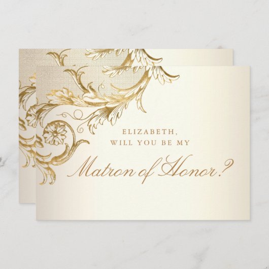  Gold Floral Damask Script Matron of Honor Kaart (Voorkant / Achterkant)