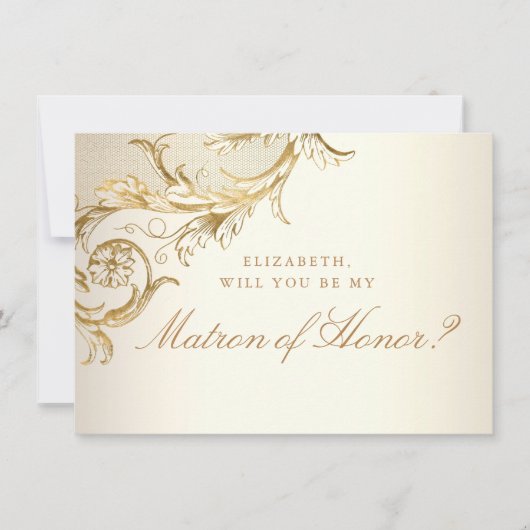  Gold Floral Damask Script Matron of Honor Kaart (Voorkant)