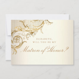  Gold Floral Damask Script Matron of Honor Kaart