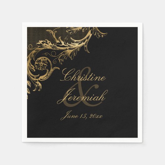 Gold Floral Damask Script Names Weddenschap Na Servet (Voorkant)