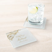 Gold Floral Damask Script Names Wedding Glazen Onderzetter (Schuin)