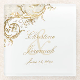  Gold Floral Damask Script Names Wedding Glazen Onderzetter