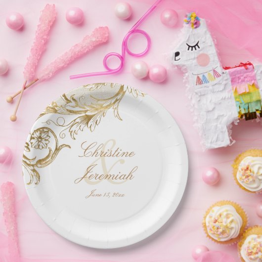  Gold Floral Damask Script Names Wedding Papieren Bordje (Feest)