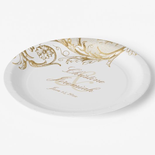 Gold Floral Damask Script Names Wedding Papieren Bordje (Gekanteld)