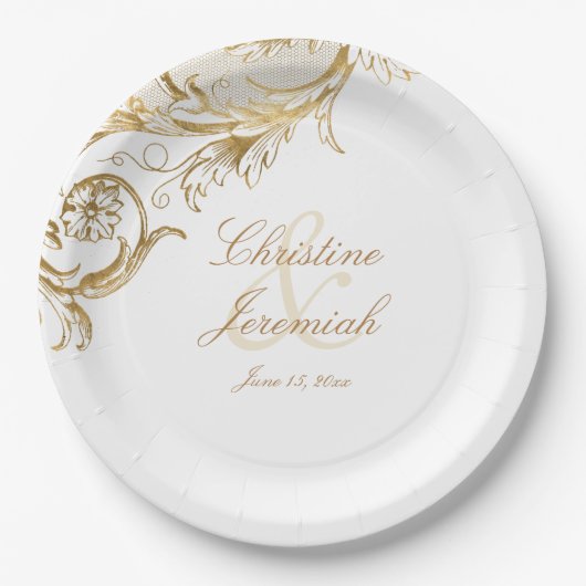  Gold Floral Damask Script Names Wedding Papieren Bordje (Voorkant)