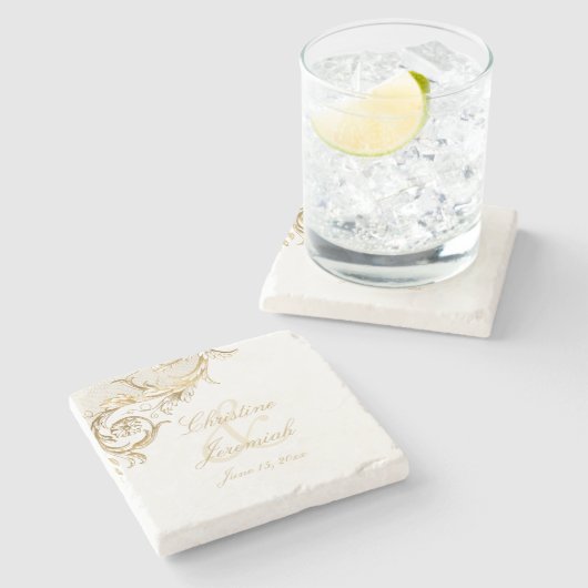  Gold Floral Damask Script Names Wedding Stenen Onderzetter (Zijkant)