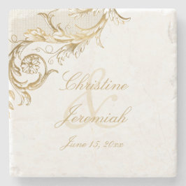  Gold Floral Damask Script Names Wedding Stenen Onderzetter