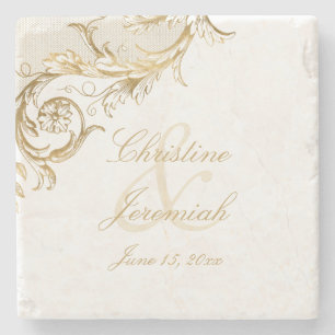  Gold Floral Damask Script Names Wedding Stenen Onderzetter
