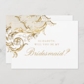  Gold Floral Damask Script White Bridesmaid Kaart (Voorkant / Achterkant)