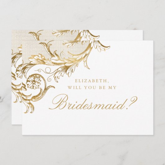  Gold Floral Damask Script White Bridesmaid Kaart (Voorkant / Achterkant)