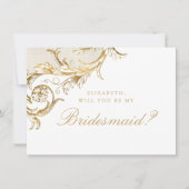  Gold Floral Damask Script White Bridesmaid Kaart (Voorkant)