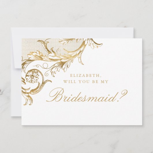  Gold Floral Damask Script White Bridesmaid Kaart (Voorkant)