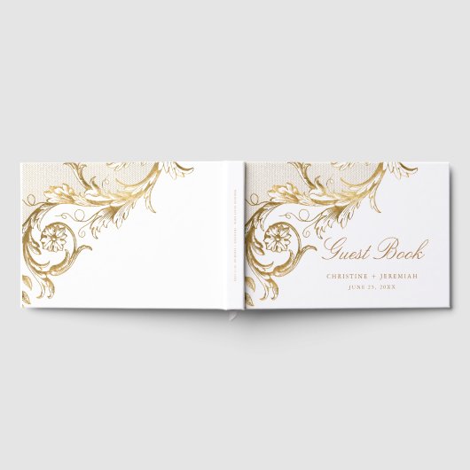  Gold Floral Damask Script White Wedding Gastenboek (Volledig)
