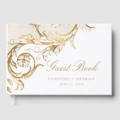  Gold Floral Damask Script White Wedding Gastenboek (Voorkant)