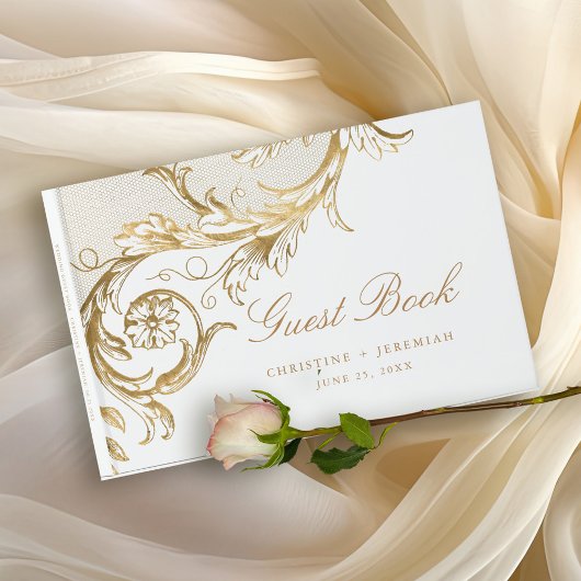  Gold Floral Damask Script White Wedding Gastenboek