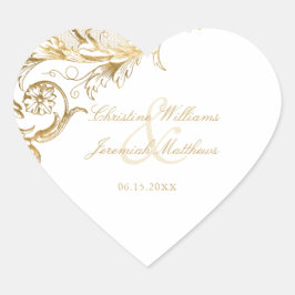 Gold Floral Damask Script White Wedding Hart Sticker