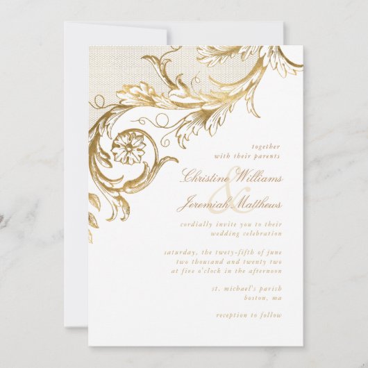  Gold Floral Damask Script White Wedding Kaart (Voorkant)