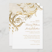  Gold Floral Damask Script White Wedding Kaart (Voorkant / Achterkant)