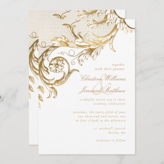  Gold Floral Damask Script White Wedding Kaart (Voorkant / Achterkant)