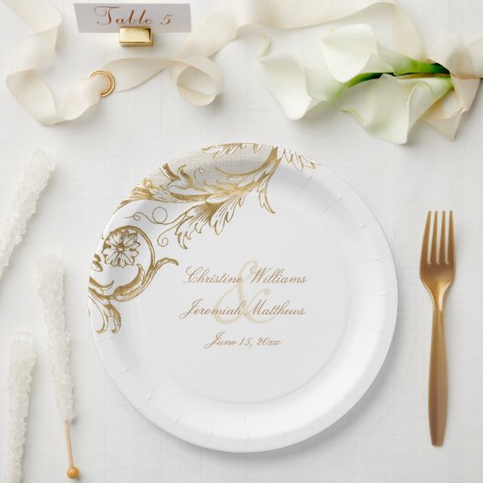  Gold Floral Damask Script White Wedding Papieren Bordje (Huwelijk)