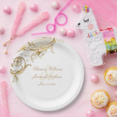  Gold Floral Damask Script White Wedding Papieren Bordje (Feest)