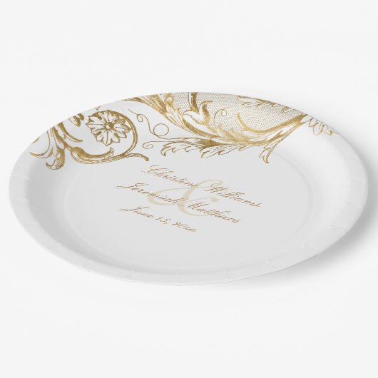  Gold Floral Damask Script White Wedding Papieren Bordje (Gekanteld)