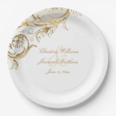  Gold Floral Damask Script White Wedding Papieren Bordje (Voorkant)