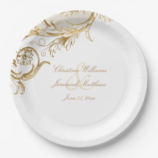  Gold Floral Damask Script White Wedding Papieren Bordje (Voorkant)
