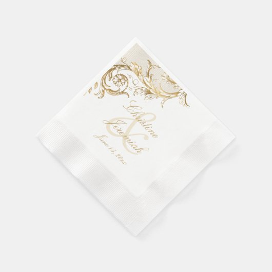 Gold Floral Damask Script White Wedding Servet (Hoek)