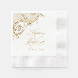  Gold Floral Damask Script White Wedding Servet