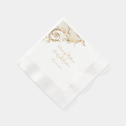  Gold Floral Damask Script White Wedding Servet (Hoek)