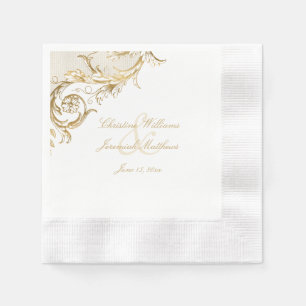  Gold Floral Damask Script White Wedding Servet