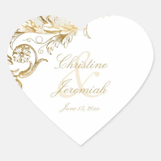  Gold Floral Damask Script White Weduwschap Hij Hart Sticker (Voorkant)