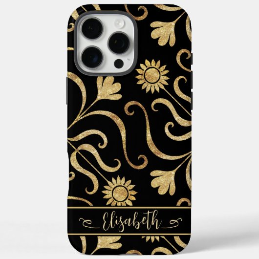 Gold Floral Damask Sunflower Classy Black Folk Art Case-Mate iPhone Case (Achterkant)